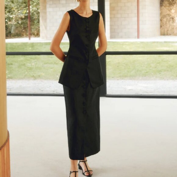 COMMENSE Solid Linen Button Maxi Skirt - Picture 1 of 6